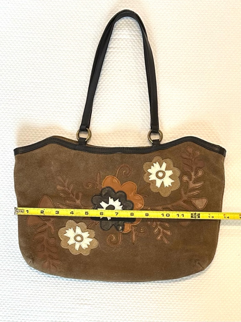 Vintage Y2K Boho Brown Suede Shoulder Bag Leather Flower accents Art to Wear Med - Picture 6 of 12